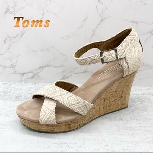 Toms-Ivory & Tan print criss cross Cork Wedge Platform Sandal 8